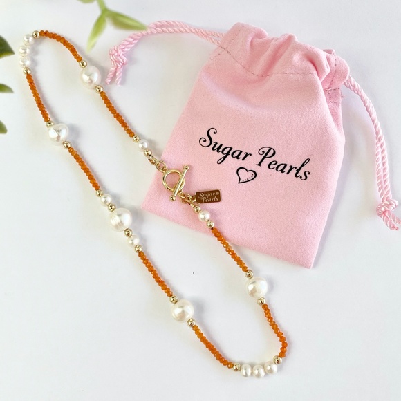 Freshwater Pearl, Carnelian & 14K Gold Necklace - Picture 6 of 7